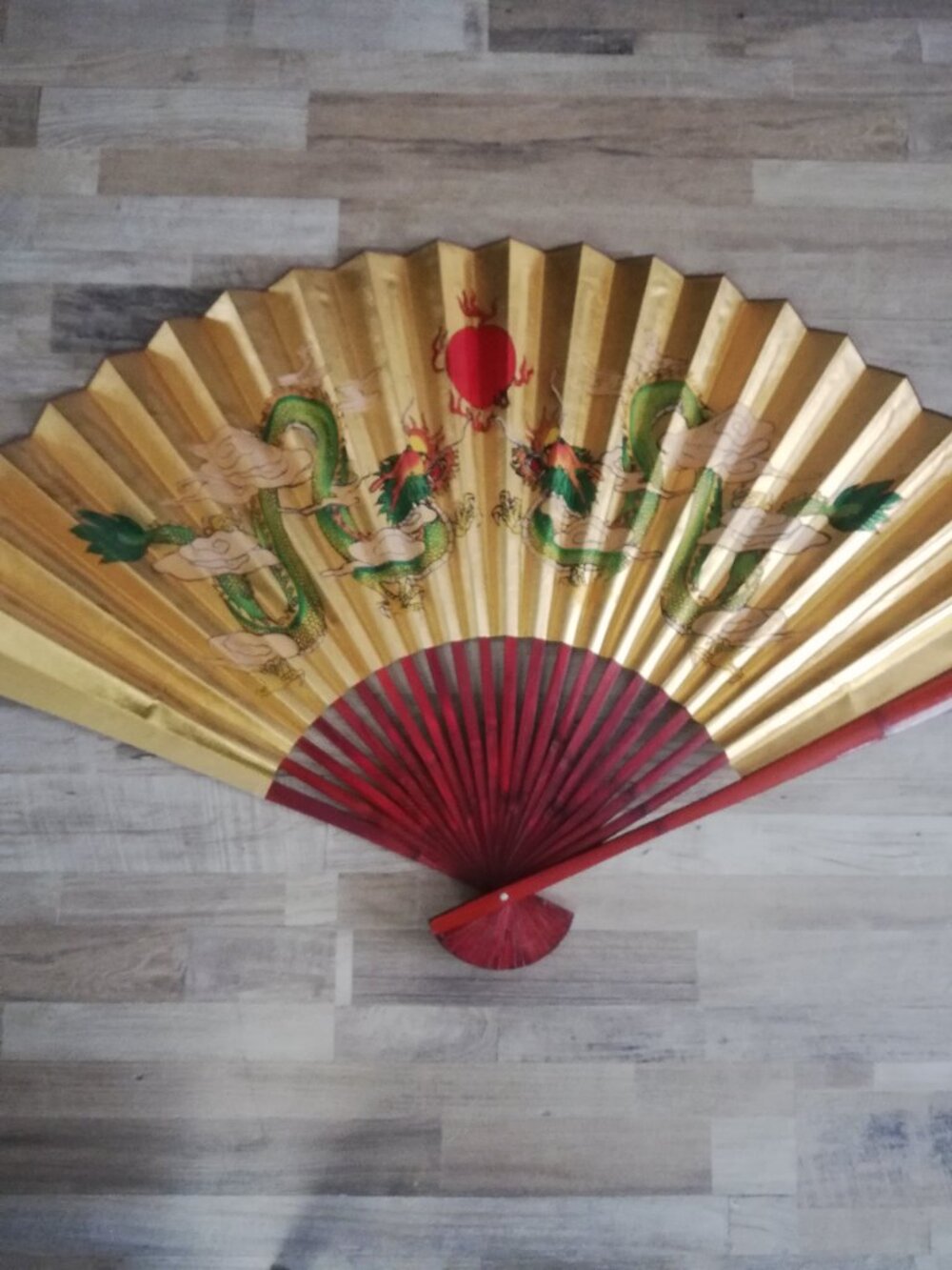 Vintage Large 50" Chinese Dragon Wall Fan – Striking Gold & Crimson Statement Pi
